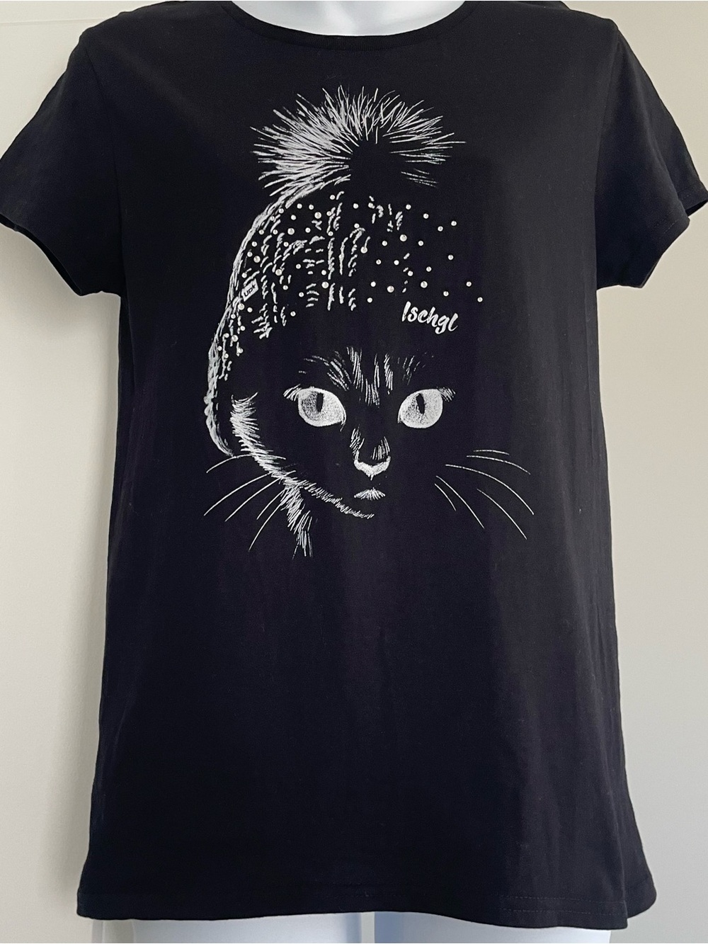 Black Cat Graphic Tee with Pom Beanie Illustration -